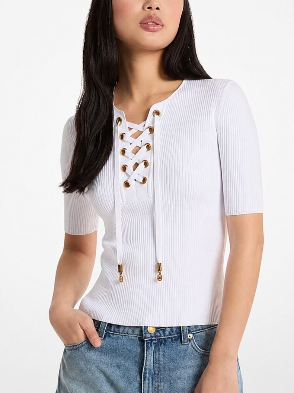 Michael Kors Ribbed Stretch Lace-Up Top Size S